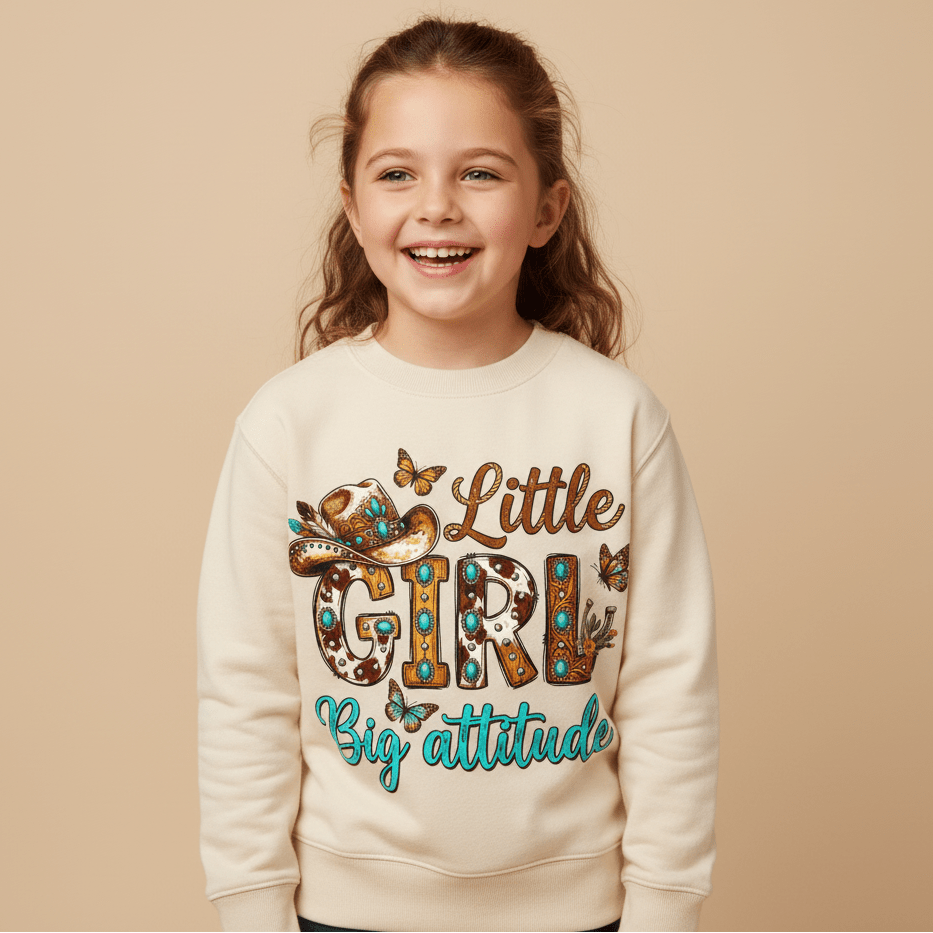 A smiling young girl wears the Toodleroos “Little Girl Big Attitude” Kids Western Cowgirl Pullover, a cream sweatshirt featuring colorful text, a cowboy hat, butterflies, and floral accents. Neutral background.