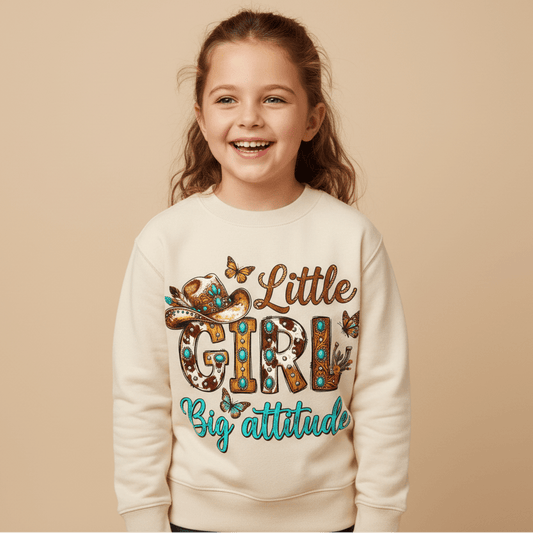 A smiling young girl wears the Toodleroos “Little Girl Big Attitude” Kids Western Cowgirl Pullover, a cream sweatshirt featuring colorful text, a cowboy hat, butterflies, and floral accents. Neutral background.