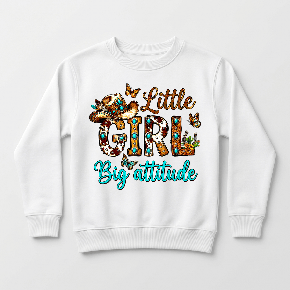 Dress your little one in the Toodleroos “Little Girl Big Attitude” Kids Sweatshirt – a Western Cowgirl Pullover featuring colorful text, a playful cowboy hat, butterflies, sunflowers, and cacti for a fun and stylish kids’ western look.