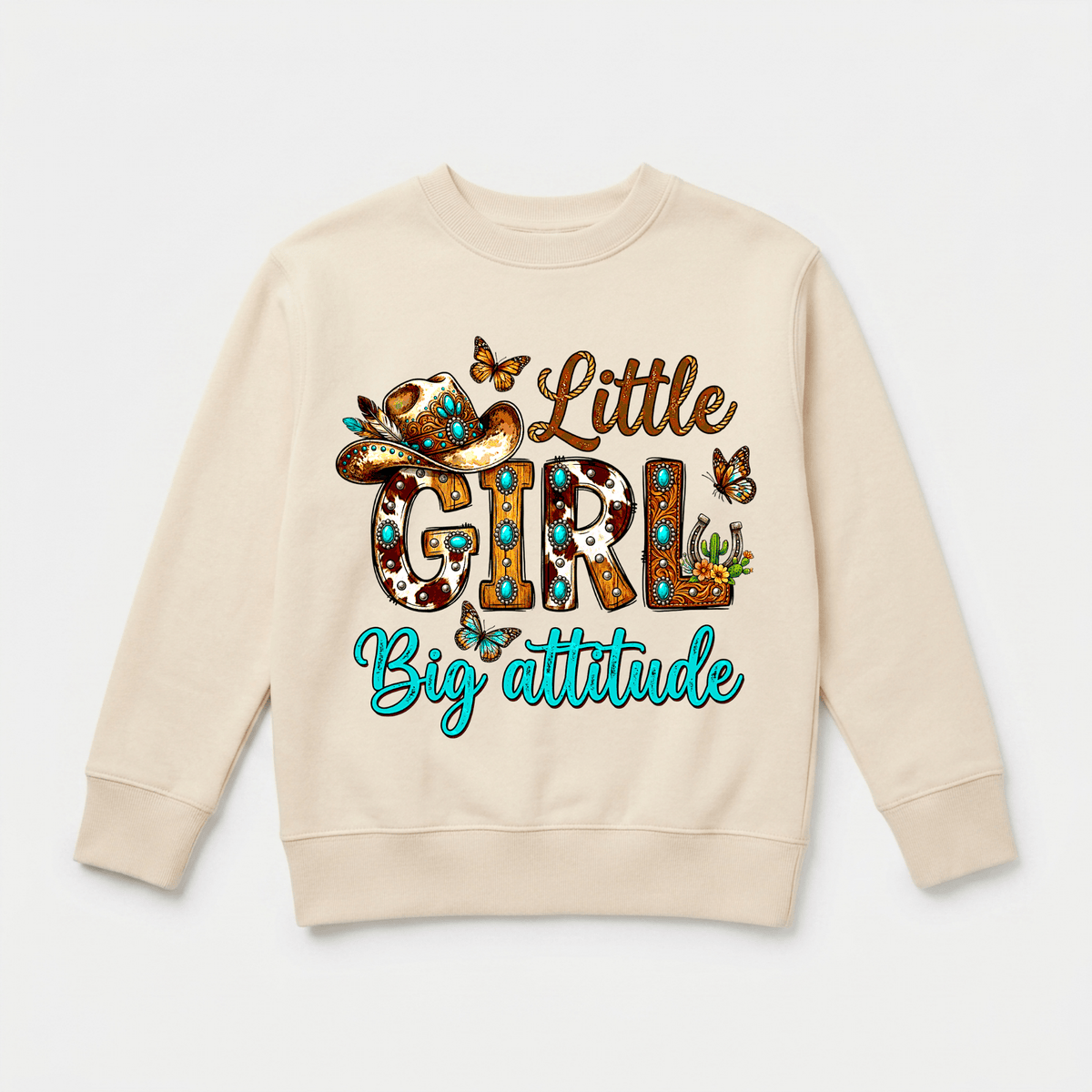 The Toodleroos Little Girl Big Attitude Kids Sweatshirt is a beige western cowgirl pullover featuring bold, colorful “Little Girl Big Attitude” lettering, adorned with a cowboy hat, butterflies, and cacti—an ideal pick for anyone seeking kids western sweatshirts.