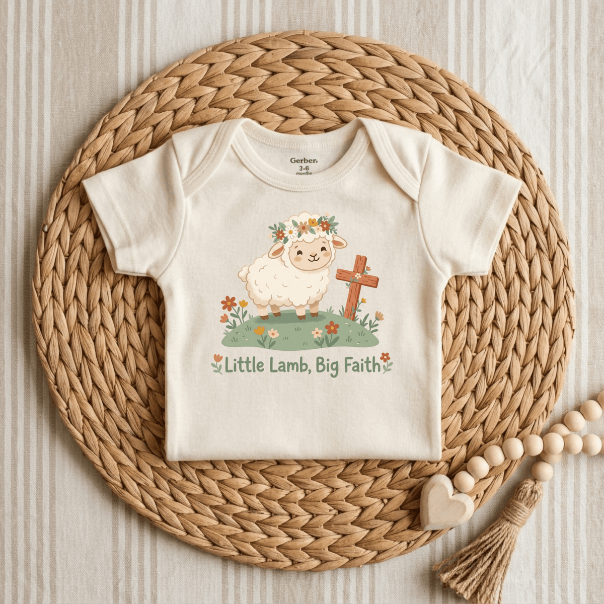 Presenting the Little Lamb Big Faith Onesie – Baby Girl Faith Bodysuit by Toodleroos, shown in a lovely cream color and displayed on a circular woven mat. This adorable onesie features a charming lamb with a flower crown beside a wooden cross, surrounded by dainty flowers and the heartfelt phrase “Little Lamb, Big Faith” underneath. Accented with a wooden bead garland to the side, it makes an ideal faith-themed gift for babies.