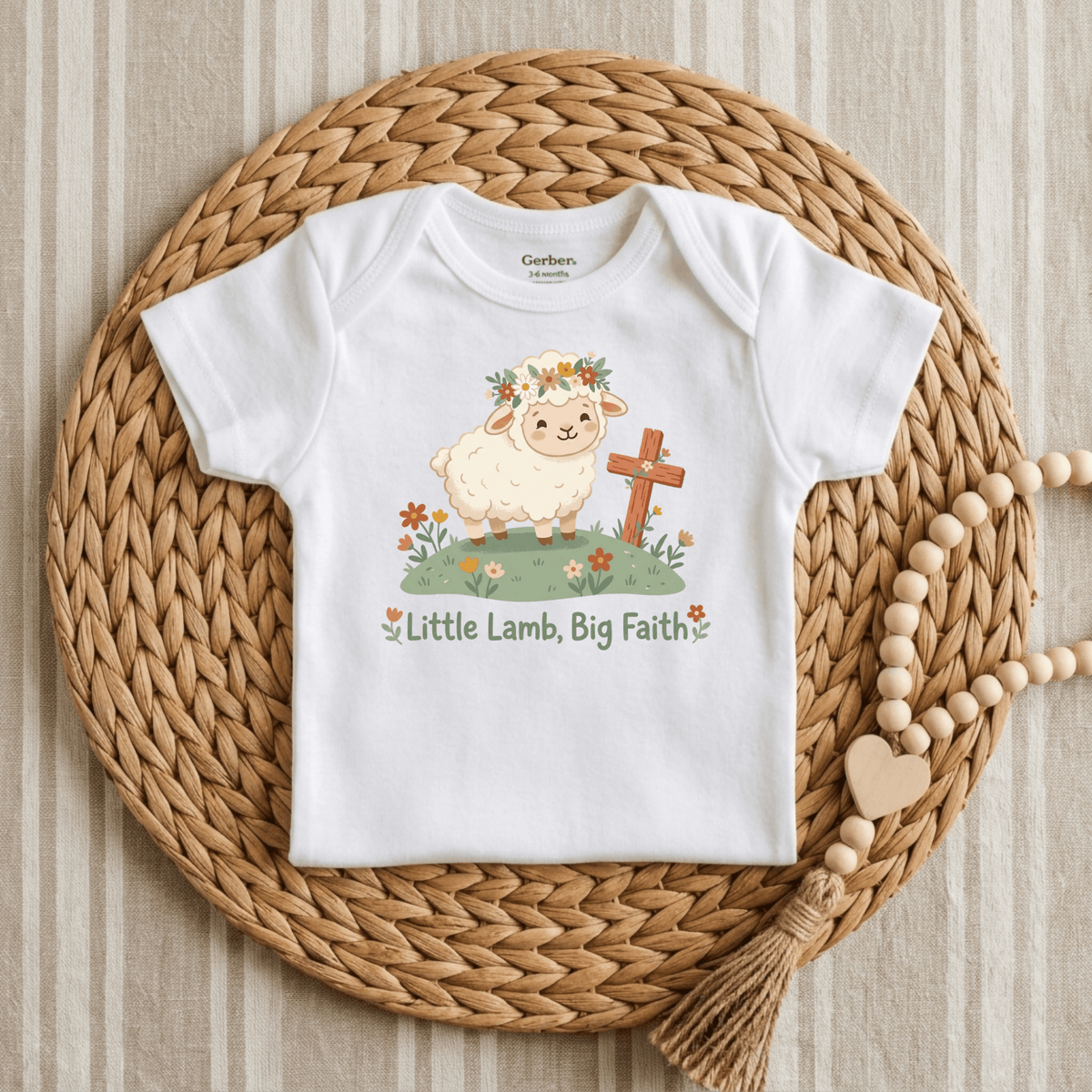Introducing the Little Lamb Big Faith Onesie – Baby Girl Faith Bodysuit from Toodleroos. This adorable onesie features a sweet lamb adorned with a flower crown, a cross, and delicate flowers. Beneath the design is the heartwarming phrase “Little Lamb, Big Faith,” making it an ideal faith-themed baby gift. Styled on a woven placemat alongside a wooden beaded garland, this Toodleroos bodysuit beautifully combines charm and meaning for your little one’s special moments.