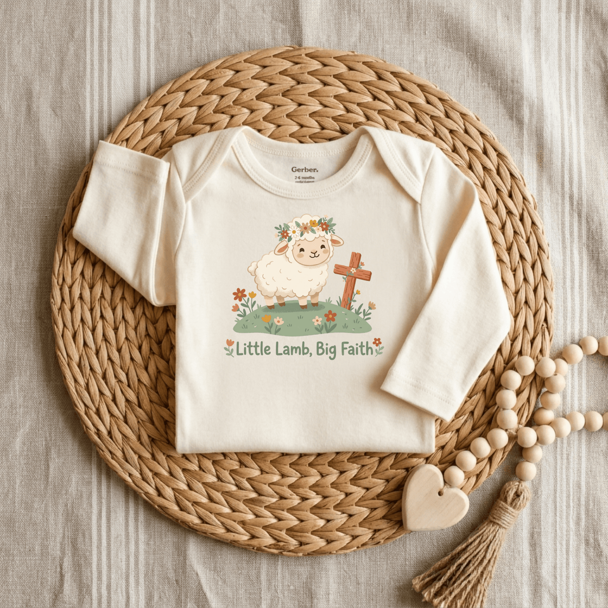 A cream-colored, long-sleeved baby bodysuit from Toodleroos, the Little Lamb Big Faith Onesie – Baby Girl Faith Bodysuit, is displayed on a round woven placemat. Its design features a cartoon lamb with a flower crown standing next to a wooden cross on a grassy hill, accompanied by the words “Little Lamb, Big Faith,” making it an ideal faith-themed gift for babies.