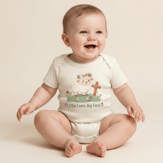 A smiling baby sits wearing the Toodleroos Little Lamb Big Faith Onesie – Baby Girl Faith Bodysuit, featuring a white design with flowers, a cross, and the words “Little Lamb, Big Faith” printed on the front. This faith-themed baby gift is perfect for special occasions like baptisms. The background is light and plain.