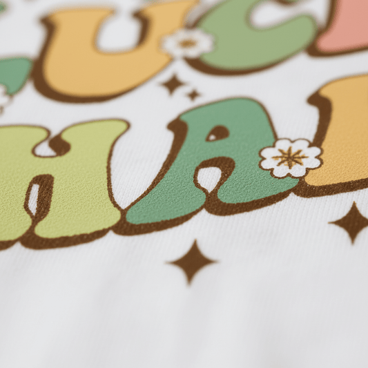 Close-up of colorful, retro-styled letters with brown outlines and tiny white flowers on a white fabric background. Brown sparkle shapes are scattered among the letters, giving this Toodleroos “Little Miss Lucky Charm Toddler Girls Shirt – St. Patrick’s Day Tee” a whimsical and charming look, perfect for celebrating St. Patrick’s Day.
