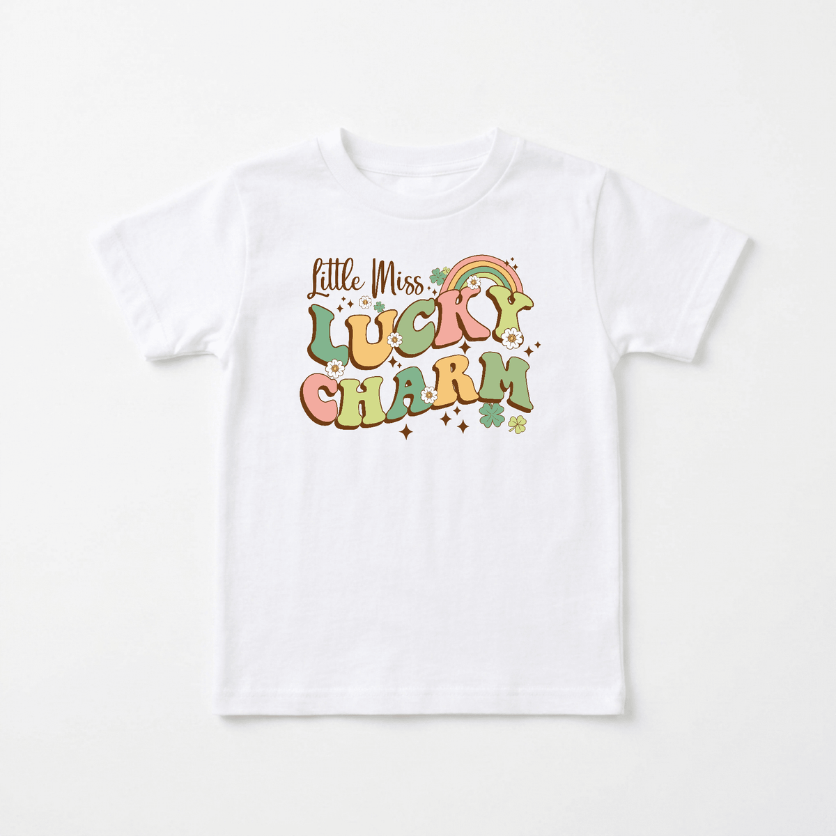 Sure! Here is the rewritten sentence using the provided product data: The Toodleroos Little Miss Lucky Charm Toddler Girls Shirt features colorful retro text, a rainbow, stars, and clovers in cheerful green, orange, and yellow tones—making it the perfect St. Patrick’s Day tee or a cute everyday top for your little one.