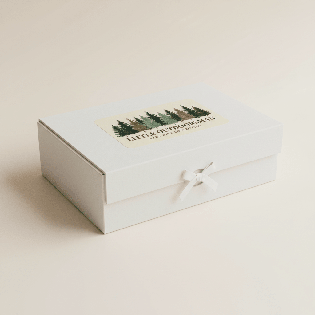 A white gift box with a small bow and a label featuring green trees and the text “LITTLE OUTDOORSMAN BABY GIFT COLLECTION” on the lid, set against a light background. The Woodland Baby Gift Box – Little Outdoorsman Baby Shower Gift by Toodleroos is a charming choice for any woodland nursery, making it the perfect outdoorsman-themed baby shower gift that adds a touch of adventure.