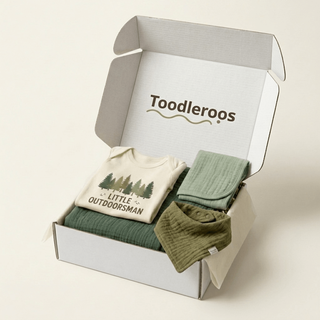 The Toodleroos Woodland Baby Gift Box – Little Outdoorsman Baby Shower Gift features a Little Outdoorsman baby onesie, green muslin blanket, and green bib, all beautifully arranged inside an open white box on a cream background—making it the perfect outdoorsman baby shower gift or woodland baby gift box for any woodland nursery.