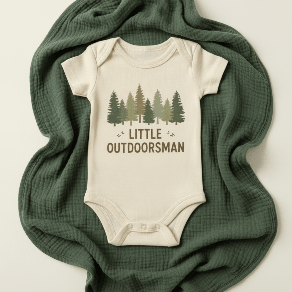 Introducing the Woodland Baby Gift Box – Little Outdoorsman Baby Shower Gift from Toodleroos: This cream-colored baby onesie features green tree graphics and the words “Little Outdoorsman,” displayed on a dark green textured blanket—a charming accent for any woodland nursery and a thoughtful gift for your favorite outdoorsy family.