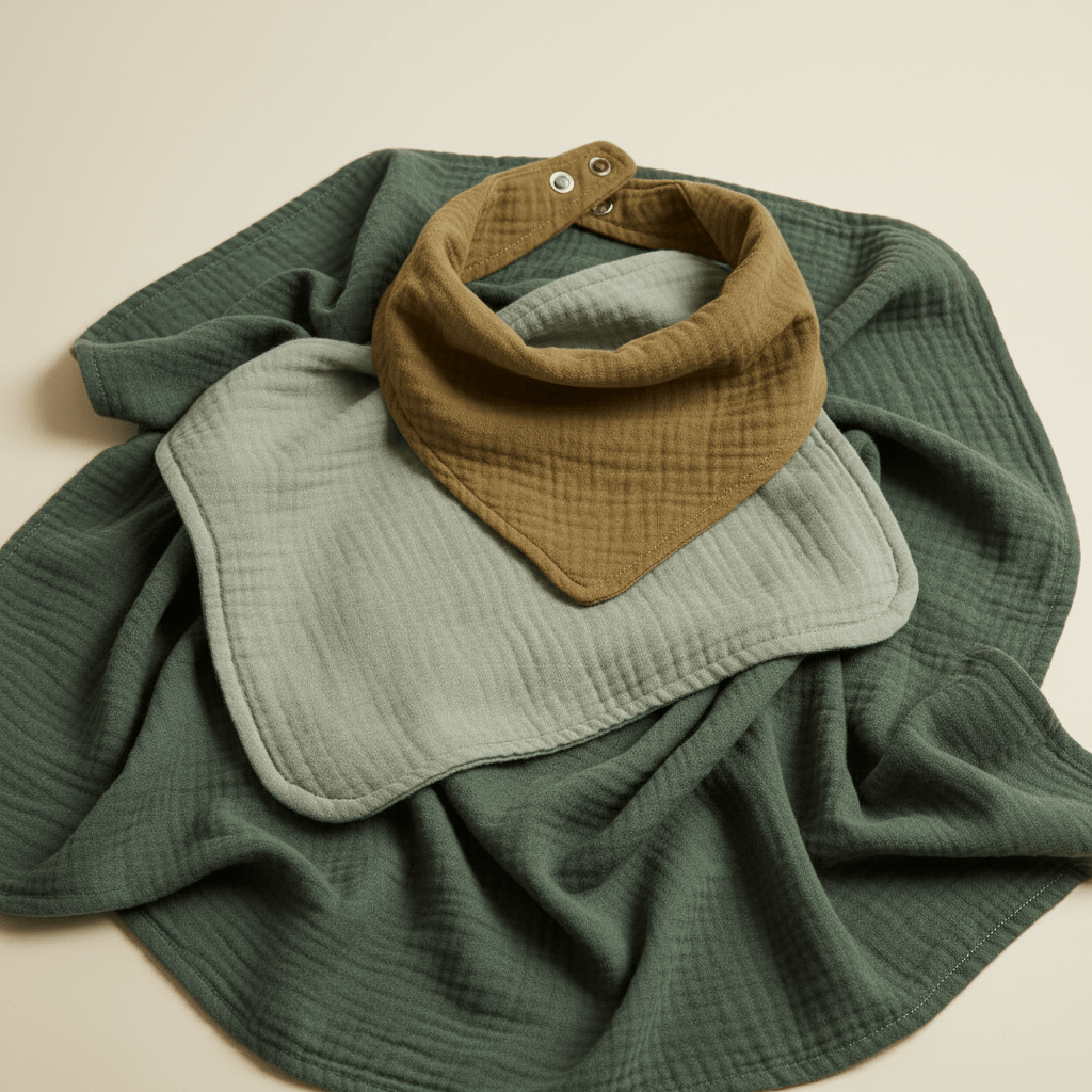 The Toodleroos Woodland Baby Gift Box – Little Outdoorsman Baby Shower Gift features a green muslin blanket, a pale green bib, and a brown bandana bib with snap buttons, all neatly layered together on a light surface to create the perfect gift for an outdoorsy baby shower.