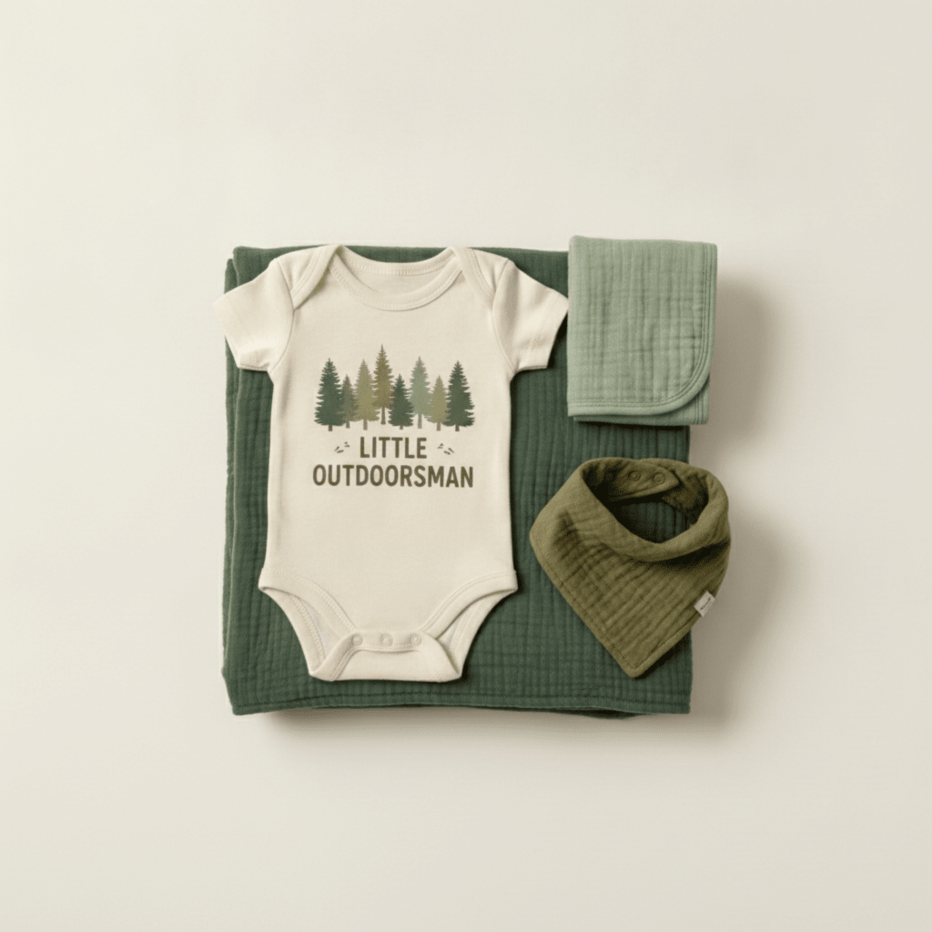 Sure! Here’s a rewritten version of your sentence using the given product data: The Toodleroos Woodland Baby Gift Box – Little Outdoorsman Baby Shower Gift features a cream onesie adorned with tree graphics and “Little Outdoorsman” lettering, paired with a folded green muslin cloth and a coordinating green bandana bib, all beautifully arranged on a quilted green blanket—an ideal outdoors-themed baby shower gift or decorative addition to any woodland nursery.