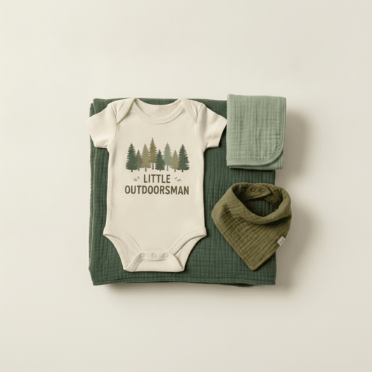 Sure! Here’s a rewritten version of your sentence using the given product data: The Toodleroos Woodland Baby Gift Box – Little Outdoorsman Baby Shower Gift features a cream onesie adorned with tree graphics and “Little Outdoorsman” lettering, paired with a folded green muslin cloth and a coordinating green bandana bib, all beautifully arranged on a quilted green blanket—an ideal outdoors-themed baby shower gift or decorative addition to any woodland nursery.