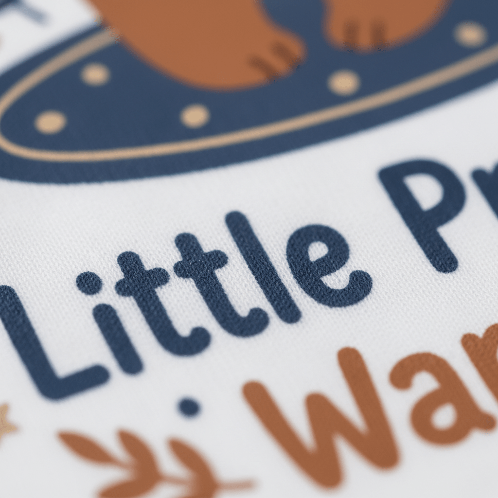 A close-up of fabric featuring printed text that reads “Little Prayer Warrior” in blue and brown, with partial graphics and leaf designs—ideal as a unique Christian toddler shirt or a thoughtful baptism gift from Toodleroos’ Little Prayer Warrior Bear Faith Tee collection.