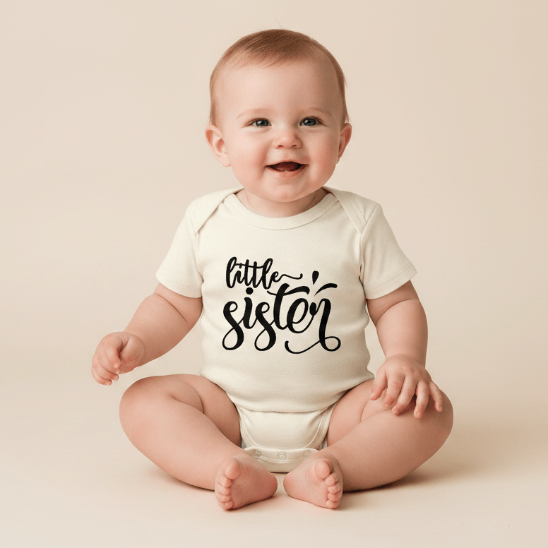 A smiling baby wears the Toodleroos Little Sister Baby Onesie – Hand-Lettered Sibling Design, featuring “little sister” in playful black script on a cream-colored bodysuit—an adorable choice for your newborn girl and the perfect complement to sibling outfits.