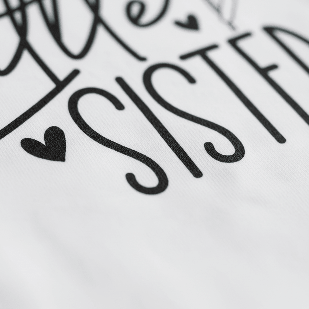Close-up of black hand-lettered text reading SISTER with a heart symbol on a white fabric background—perfect as the Toodleroos Little Sister Onesie – Baby Girl Announcement Bodysuit for a memorable sibling or pregnancy announcement.