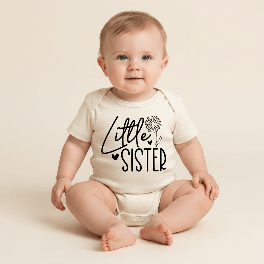 A baby sits on the floor wearing a cream-colored “Little Sister Onesie – Baby Girl Announcement Bodysuit” by Toodleroos, which features a charming flower graphic on the front—making it an ideal sibling announcement shirt. The background is plain and light-colored.