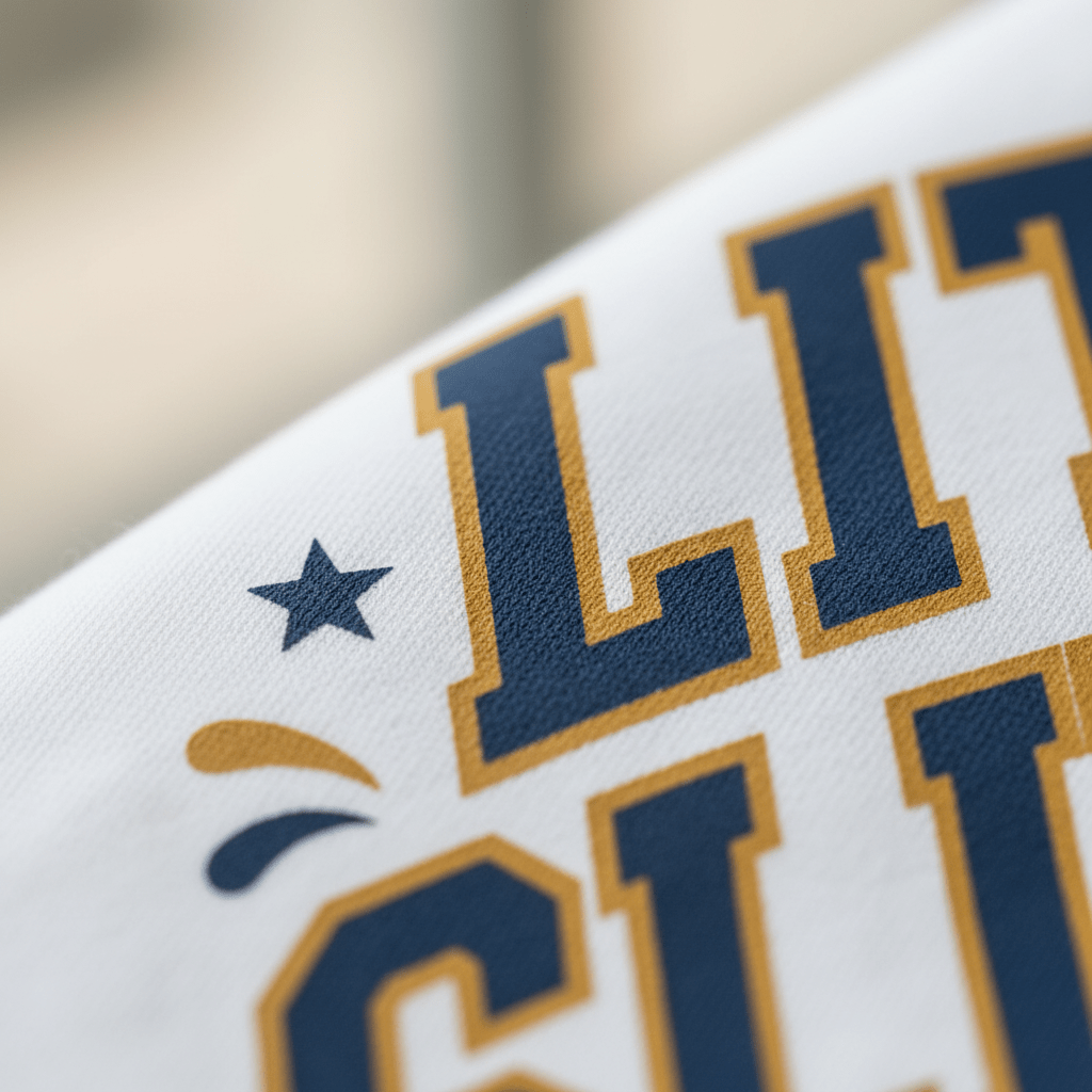 Close-up of the Toodleroos Little Slugger Toddler Boys Baseball Shirt – Varsity Tee, showcasing bold, gold-outlined blue lettering that says “LIT” and part of “CLUB,” along with a star and decorative accent on a white background—an ideal boys’ shirt or stylish toddler baseball tee.