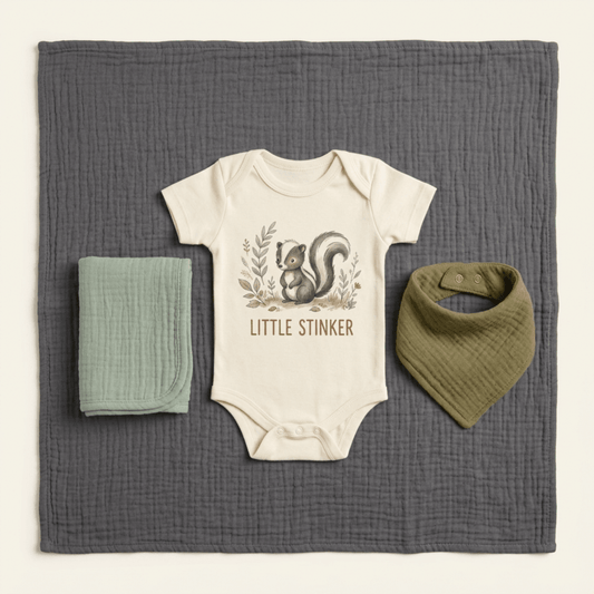 The Toodleroos Funny Baby Gift Box – Little Stinker Skunk Baby Shower Gift includes a baby onesie featuring a skunk and “Little Stinker” text, a green bib, and a folded green blanket, all beautifully arranged on a dark gray quilted mat—an adorable woodland baby gift set that’s perfect for any skunk-themed baby shower.