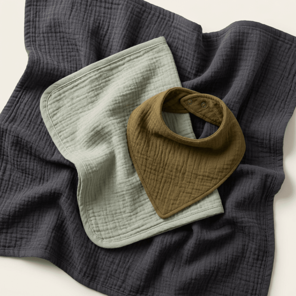 A dark gray muslin baby blanket from Toodleroos is spread out, with a light gray cloth and a brown muslin baby bib with snaps layered neatly on top—perfect as part of the Toodleroos “Funny Baby Gift Box – Little Stinker Skunk Baby Shower Gift” set or as a charming woodland-themed present.