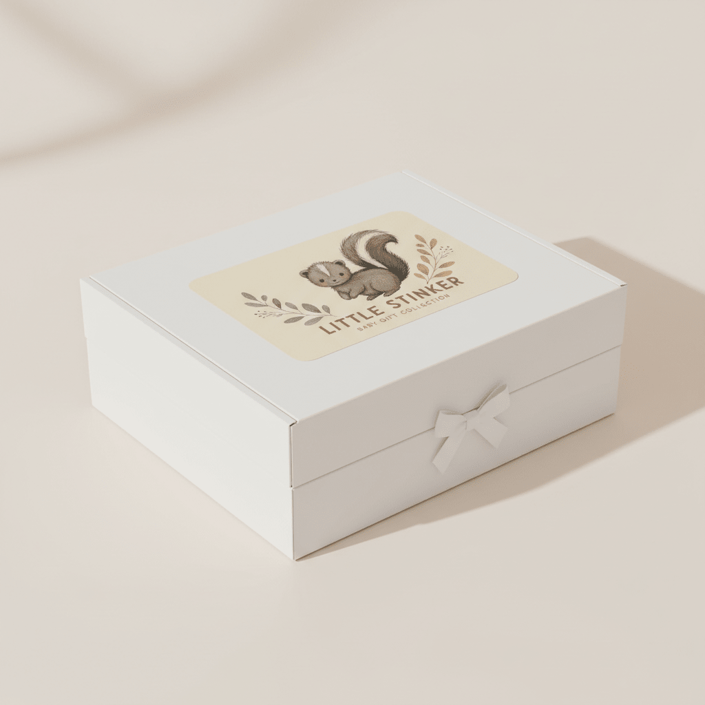 A white gift box with a small bow and a label on the lid featuring a cartoon skunk and the text LITTLE STINKER, set against a neutral background—the Funny Baby Gift Box – Little Stinker Skunk Baby Shower Gift by Toodleroos is an adorable woodland baby gift set, perfect as a humorous baby shower present.