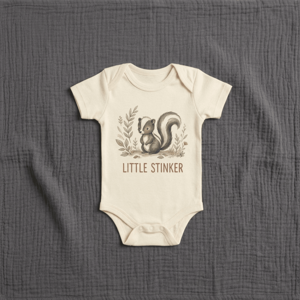The Toodleroos Funny Baby Gift Box – Little Stinker Skunk Baby Shower Gift features a beige baby onesie adorned with an adorable skunk illustration, leafy details, and the phrase “LITTLE STINKER.” Presented on a gray textured blanket, it makes a perfect woodland baby gift set or humorous skunk-themed baby shower present.