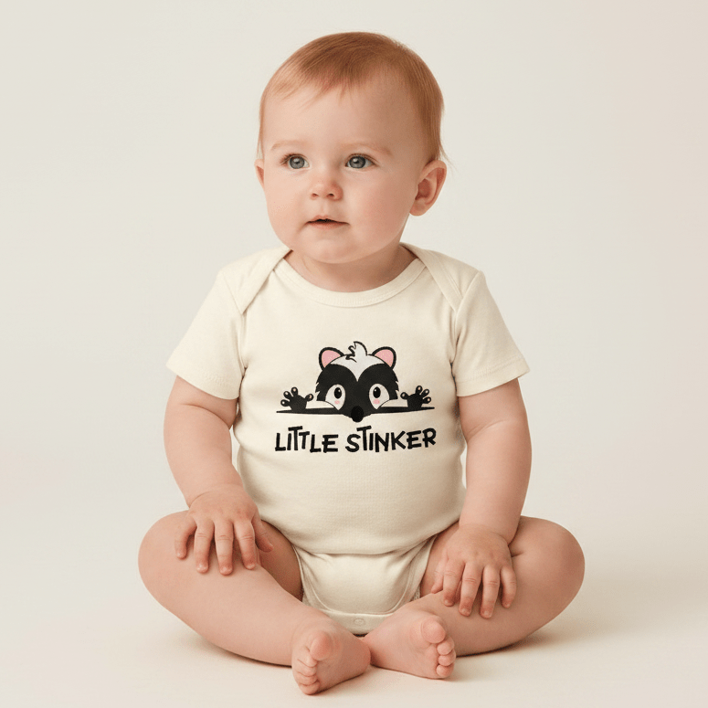 A baby wearing the Toodleroos Little Stinker Baby Onesie – Funny Skunk Bodysuit sits on the floor. This white bodysuit features a playful cartoon skunk and the words “Little Stinker” printed on it, making it a charming choice for any nursery. With its plain, light-colored background, this adorable outfit makes a perfect baby shower gift.