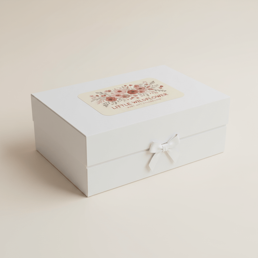 The Toodleroos Floral Baby Gift Box – Little Wildflower Baby Shower Gift Set features a white floral design, topped with a petite white bow and a charming floral label that reads “Little Wildflower.” Set against a light beige background, this gift box is perfect for baby showers.