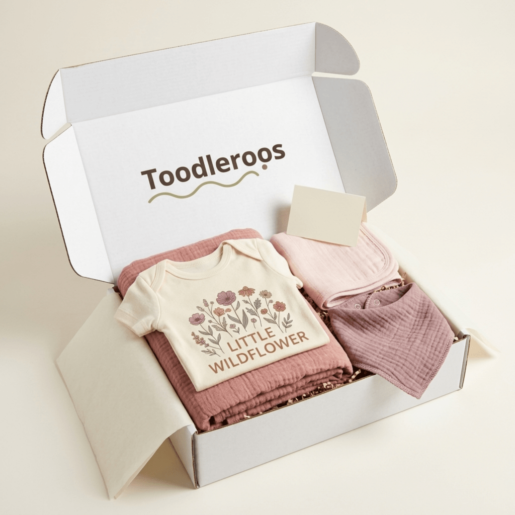 Open the Floral Baby Gift Box – Little Wildflower Baby Shower Gift Set by Toodleroos, featuring a pink baby blanket, a floral wildflower baby onesie, a pink bib, and a blank card beautifully arranged inside on a light background—the perfect floral gift box for any baby shower.