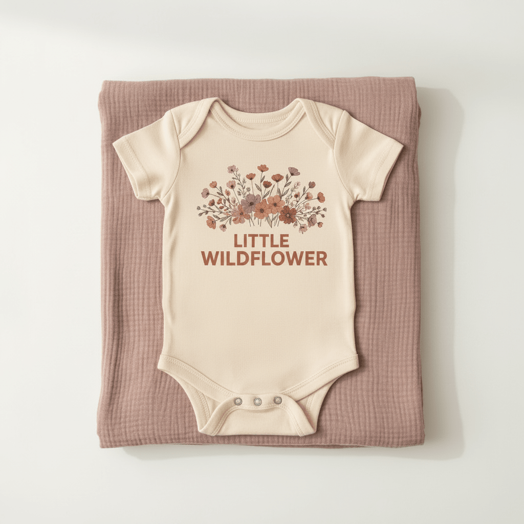 A cream-colored baby onesie featuring delicate floral designs and the words “LITTLE WILDFLOWER” from Toodleroos is displayed atop a folded mauve blanket on a white background, making it the perfect addition to the Floral Baby Gift Box – Little Wildflower Baby Shower Gift Set.