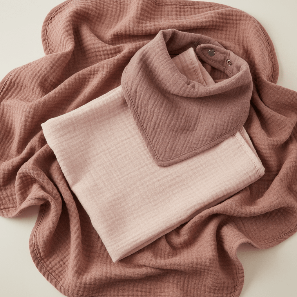 A folded pale pink muslin baby blanket rests atop a crumpled mauve blanket, with a matching mauve muslin bib placed neatly on top—an elegant touch from the Toodleroos Floral Baby Gift Box – Little Wildflower Baby Shower Gift Set, perfect for any thoughtfully curated baby shower or new arrival gift.