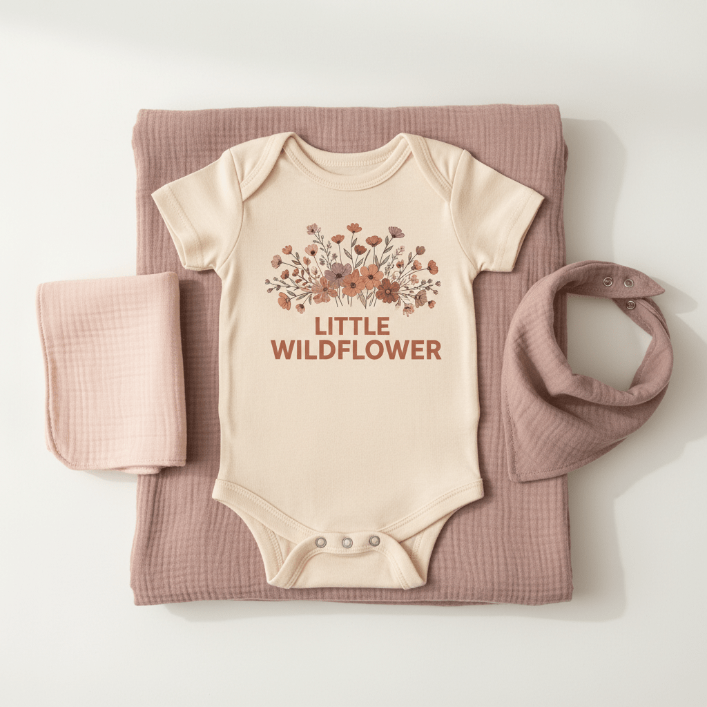 The Toodleroos Floral Baby Gift Box – Little Wildflower Baby Shower Gift Set features a beige wildflower baby onesie with “Little Wildflower” and a delicate floral design, displayed on a mauve blanket alongside a matching bandana bib and square cloth. All items come in soft, earthy tones on a white background, making this the perfect thoughtful baby shower gift set.