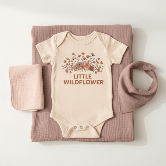 The Toodleroos Floral Baby Gift Box – Little Wildflower Baby Shower Gift Set features a beige wildflower baby onesie with “Little Wildflower” and a delicate floral design, displayed on a mauve blanket alongside a matching bandana bib and square cloth. All items come in soft, earthy tones on a white background, making this the perfect thoughtful baby shower gift set.