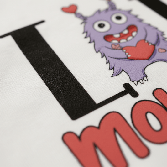 Close-up of a design on fabric featuring a black “I,” an adorable purple monster with big eyes, horns, and a wide smile holding a red heart, along with red text beginning with “mo” and small red hearts above. Perfect for the Toodleroos Love Monster Toddler Shirt – Valentine’s Day Tee.