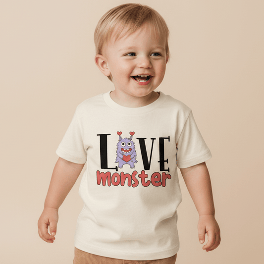 A smiling toddler wears the Toodleroos Love Monster Toddler Shirt – Valentine’s Day Tee, a cream-colored shirt featuring the word “LOVE monster” with a cute cartoon purple monster replacing the “O.” This adorable graphic tee is perfect for Valentine’s Day and showcases the playful Love Monster design on a plain beige background.