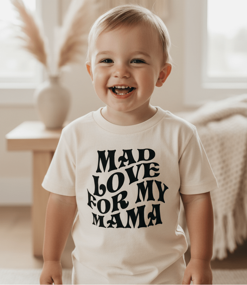 A smiling toddler wears the Toodleroos Mad Love for My Mama Toddler Shirt – Mother’s Day Tee, featuring bold, wavy black lettering. The cozy, neutral room is softly lit and decorated with pampas grass, making this shirt a perfect Mother’s Day gift for little ones.
