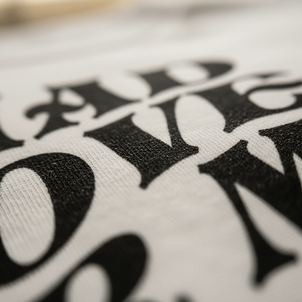 Close-up of bold, black, vintage-inspired text printed on white fabric, highlighting the detail and texture featured on the “Mad Love for My Mama” Toddler Shirt by Toodleroos. This classic design is perfect for a Mother’s Day tee.