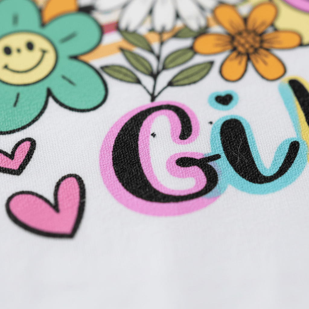 Sure! Here’s a rewritten version using your provided product data: Close-up of vibrant, playful artwork on fabric featuring flowers, hearts, and the partially visible word “Girl,” all in a cheerful retro design—perfect for the Mama’s Girl Retro Kids Shirt – Boho Floral Tee by Toodleroos.