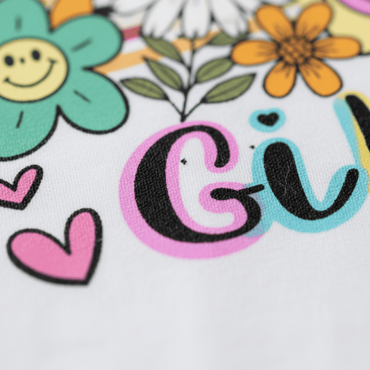 Sure! Here’s a rewritten version using your provided product data: Close-up of vibrant, playful artwork on fabric featuring flowers, hearts, and the partially visible word “Girl,” all in a cheerful retro design—perfect for the Mama’s Girl Retro Kids Shirt – Boho Floral Tee by Toodleroos.