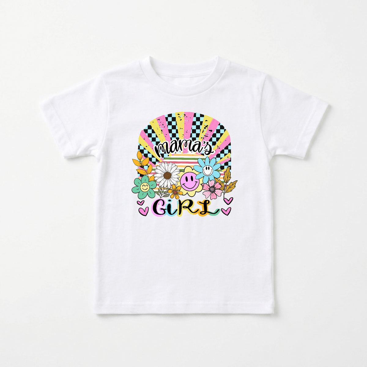 Dress your little one in the Toodleroos Mama’s Girl Retro Kids Shirt – Boho Floral Tee, featuring a playful white design with colorful retro flowers, a smiley face, hearts, and “Mama’s Girl” in whimsical lettering. This fun boho kids shirt is highlighted by rainbow stripes and polka dots in the background—perfect for children who love cheerful, vintage-inspired styles.