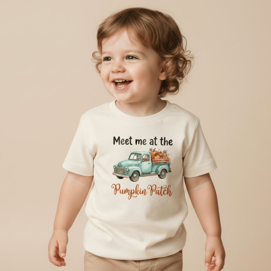 A cheerful toddler wears the Toodleroos “Meet Me at the Pumpkin Patch Kids Shirt – Fall Truck Tee,” showcasing a charming watercolor illustration of a classic truck filled with pumpkins and accented with the phrase “Meet me at the Pumpkin Patch”—the ideal autumn tee for fall adventures.