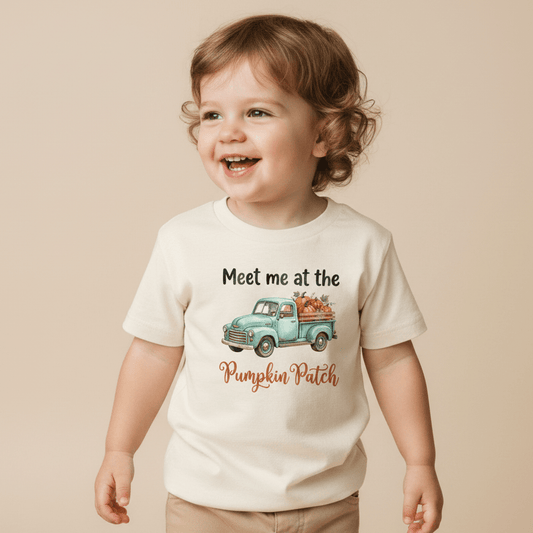 A cheerful toddler wears the Toodleroos “Meet Me at the Pumpkin Patch Kids Shirt – Fall Truck Tee,” showcasing a charming watercolor illustration of a classic truck filled with pumpkins and accented with the phrase “Meet me at the Pumpkin Patch”—the ideal autumn tee for fall adventures.