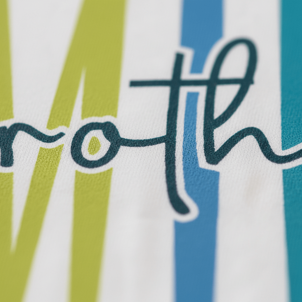 Close-up of stylized blue cursive text reading “roth” with green and blue vertical stripes in the background on a white surface—featured on the Toodleroos Middle Brother Toddler Shirt – Colorful Sibling Design, perfect for sibling announcements or as a cute middle brother shirt.