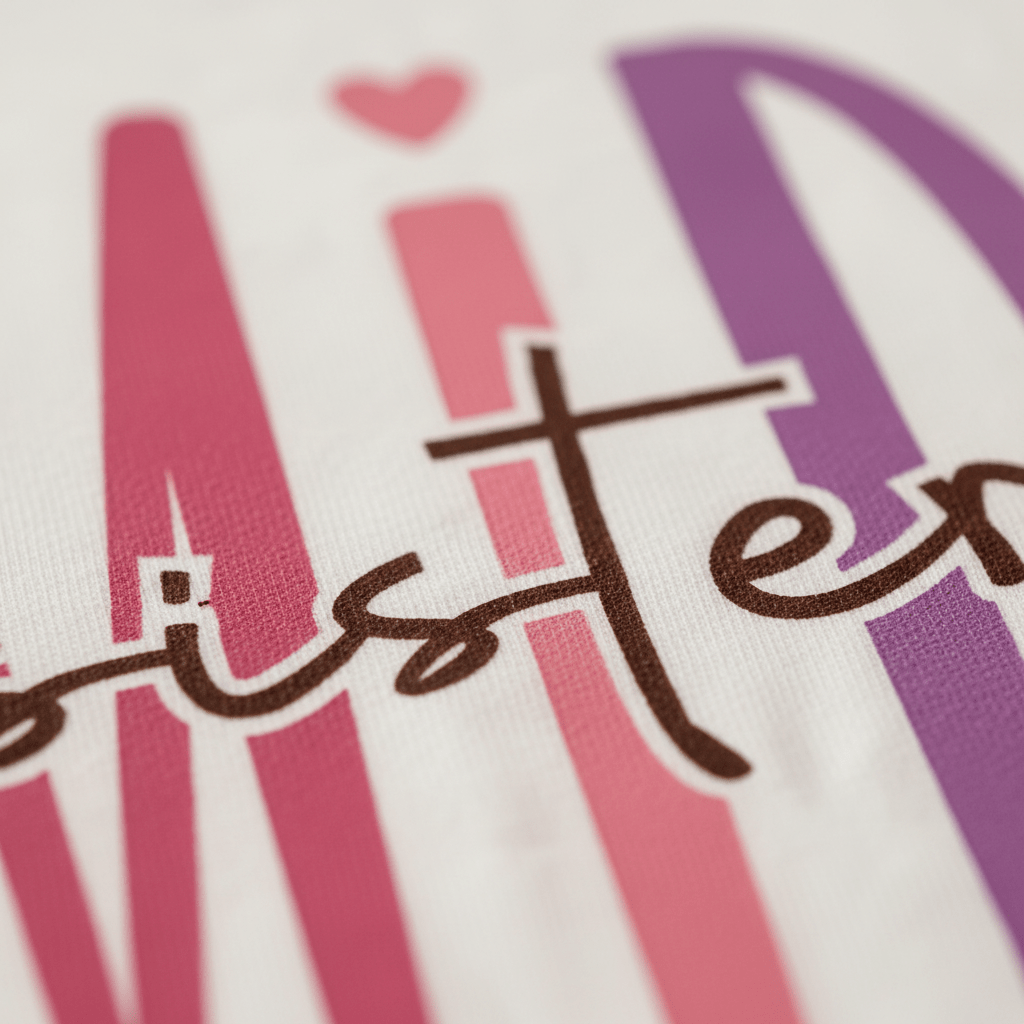Featuring a close-up of the word “sister” in cursive font with a small heart above the “i,” this design stands out against bold pink and purple vertical lines on a white fabric—making the Toodleroos Middle Sister Toddler Shirt – Bold Sibling Tee the perfect choice for sibling shirts or a mid sister toddler tee.