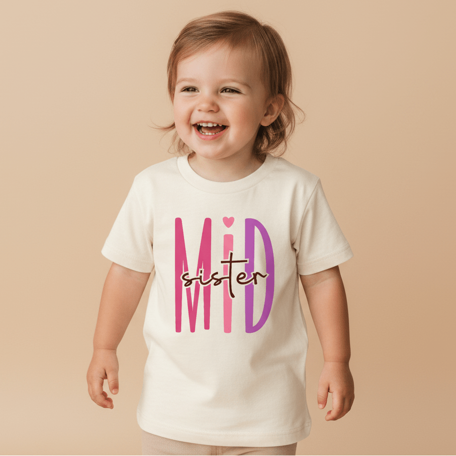 A smiling toddler wears the Toodleroos Middle Sister Toddler Shirt – Bold Sibling Tee, featuring “Mid Sister” in playful pink and purple lettering on a classic white shirt, standing against a beige background—an ideal pick for matching sister shirts or sibling collections.
