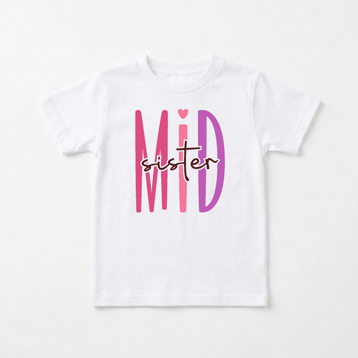 Introducing the Toodleroos Middle Sister Toddler Shirt – Bold Sibling Tee featuring “MID” in eye-catching pink and purple letters, with a delicate heart accent above the I. The word “sister” appears in a charming script across the middle, making this tee an adorable and stylish addition to any sibling shirt collection for your little one.