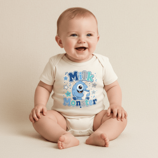 A smiling baby sits on a cream-colored background wearing the Toodleroos Milk Monster Baby Onesie—a funny monster bodysuit featuring a cute blue cartoon monster, playful stars, and milk splashes printed on the front.