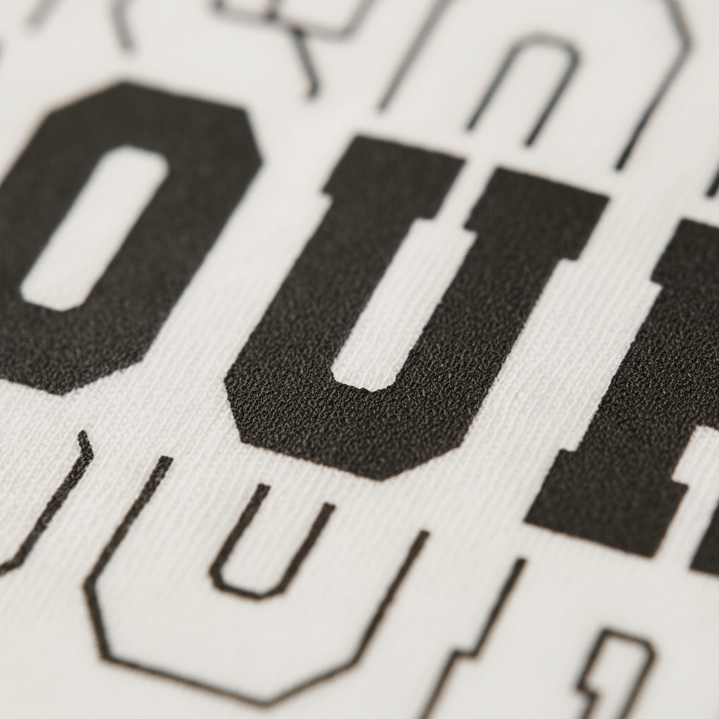 Close-up of bold, black, block letters printed on textured white fabric. The visible letters appear to spell OUT in a modern, angular font—showcasing hometown pride ideal for the Missouri Varsity Kids Shirt – State Pride Tee by Toodleroos.