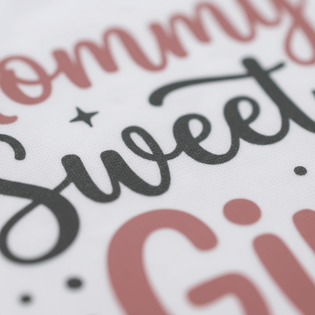 Close-up of fabric from the Toodleroos Mommy’s Sweet Girl Onesie – Baby Girl Long Sleeve Bodysuit, showing bold and artistic pink and black cursive lettering with star accents on a white background. The decorative text partially reveals the words “sweet” and “mommy.”.