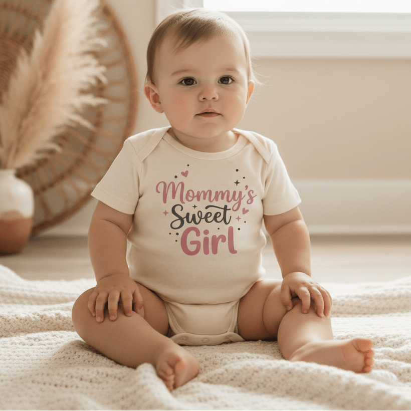 A baby sits on a soft blanket wearing the Toodleroos Mommy’s Sweet Girl Onesie – a baby girl long sleeve bodysuit featuring “Mommy’s Sweet Girl” in pink and black lettering. Dried pampas grass decorates the background, creating a cozy scene perfect for a newborn coming-home outfit.