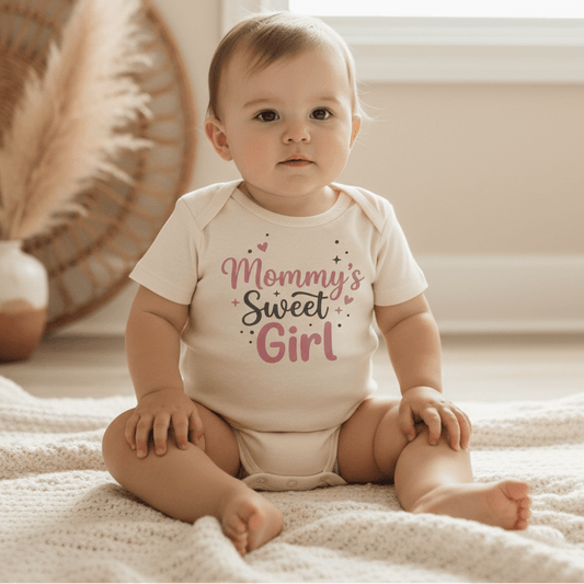 A baby sits on a soft blanket wearing the Toodleroos Mommy’s Sweet Girl Onesie – a baby girl long sleeve bodysuit featuring “Mommy’s Sweet Girl” in pink and black lettering. Dried pampas grass decorates the background, creating a cozy scene perfect for a newborn coming-home outfit.